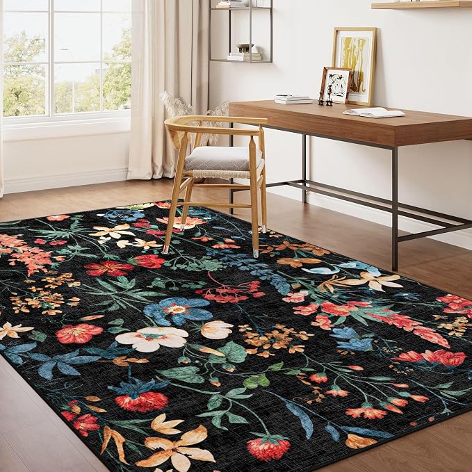 Black Area Rug 5x7 Floral Washable Living Room Kitchen Boho Carpet Non Slip Low - Image 6