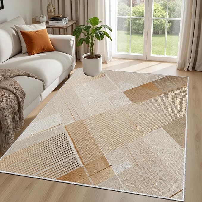 Minimalist Abstract Area Rug 5x7 Brown Boho, Modern Washable Stripe Art Rugs - Image 2