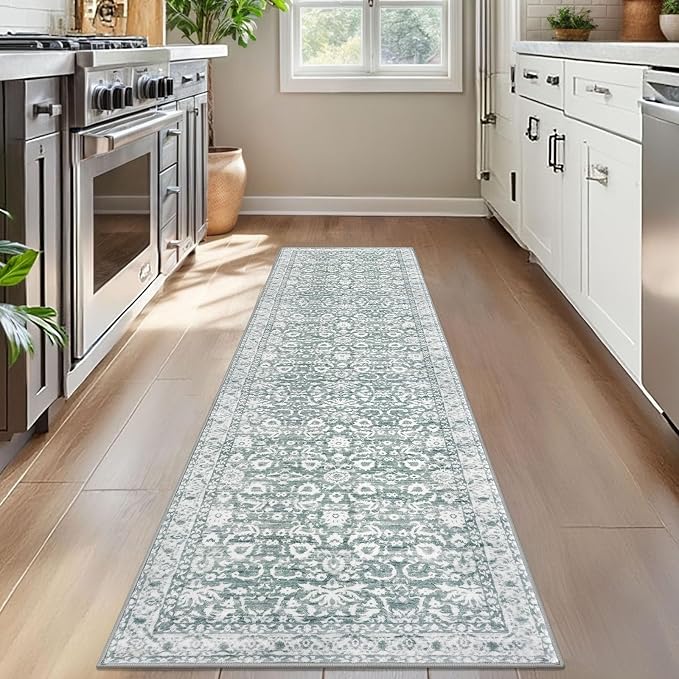 Vintage Floral 2x7 Runner Rug, Sage Green White Washable Kitchen Runner Rug - Image 2
