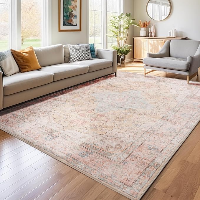 Area Rug - 9x12 Large Dining Room Rug Soft Living Room Mat, Vintage Washable - Image 2