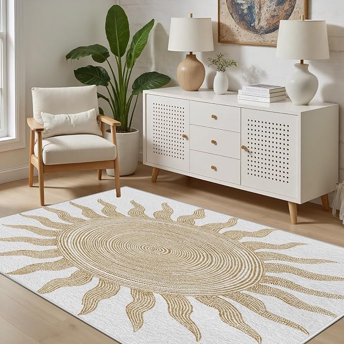 Boho Washable Rugs for Bedroom 4x6, Modern Sun Print Soft Minimalism Area Rug by Unknown