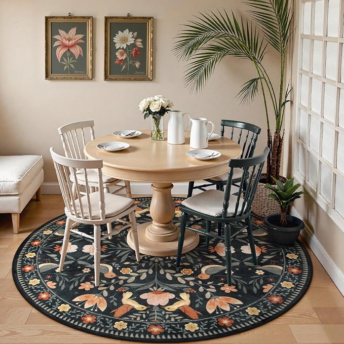 Moynesa Floral Bird Round Rug 6ft Washable Circle Rug Non Slip, Modern - Image 3