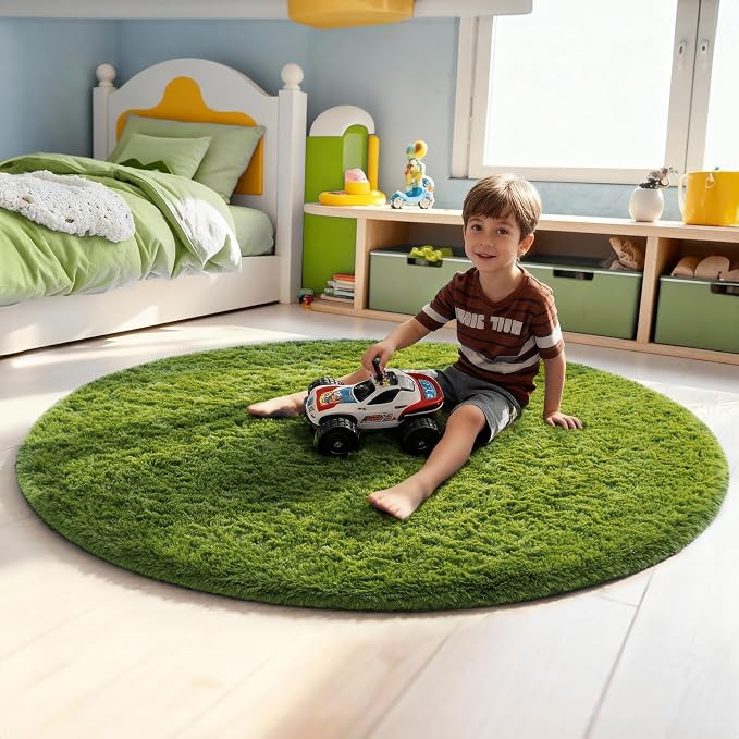Ophanie Round Rug 5Ft Green Circle Area Rug, Fluffy Fuzzy Bedroom Carpet - Image 3