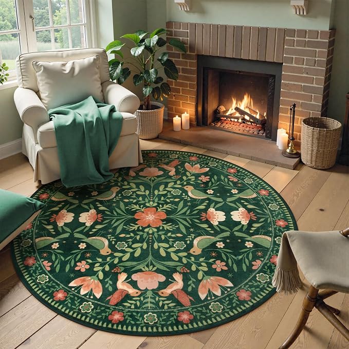 Moynesa Floral Bird Round Rug 6ft Washable Circle Rug Non Slip, Modern Cottage - Image 9