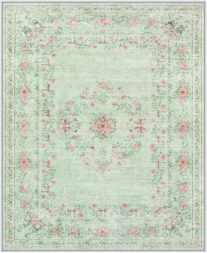 Wonnitar Green Area Rug for Living Room, Floral Bow 8x10 Washable Rug, - Image 2