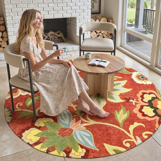 Lahome Red Floral Round Rug - 4 ft Christmas Washable Round Area Rugs Small Non - Image 7