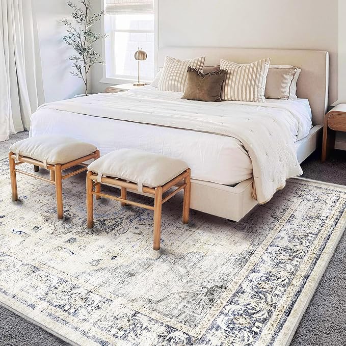 Area Rug 6'x9' Washable Floral Blue Vintage Traditional Floor Cover Thin Retro - Image 3
