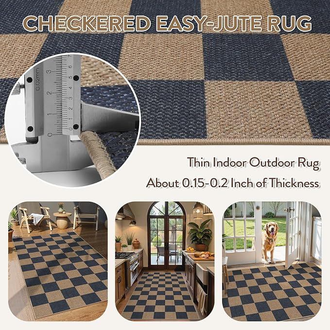 Lahome Checkered Easy Jute Indoor Outdoor Carpet, 3x5 Washable Rugs - Image 3