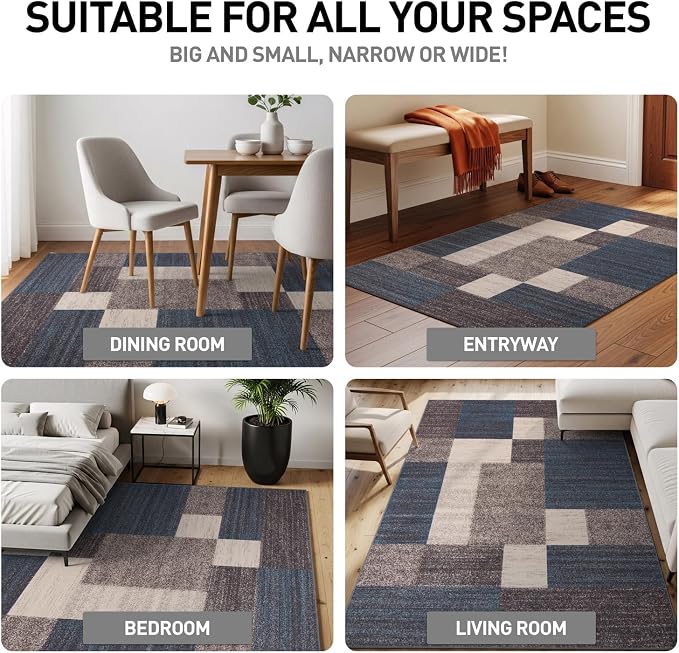 Rugshop Contemporary Blue Geometric Boxes Non-Slip Area Rug Non-Shedding - Image 4