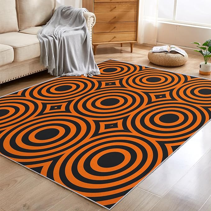 8x10 Geometric Circle Rugs for Bedroom Decor, Washable Retro 60s 70s Geometry by Unknown