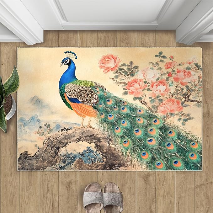 Peacock Peony Flower Area Rug 3x4-3x4 Rug, Classic Peacock Peony Rugs by STRELEC