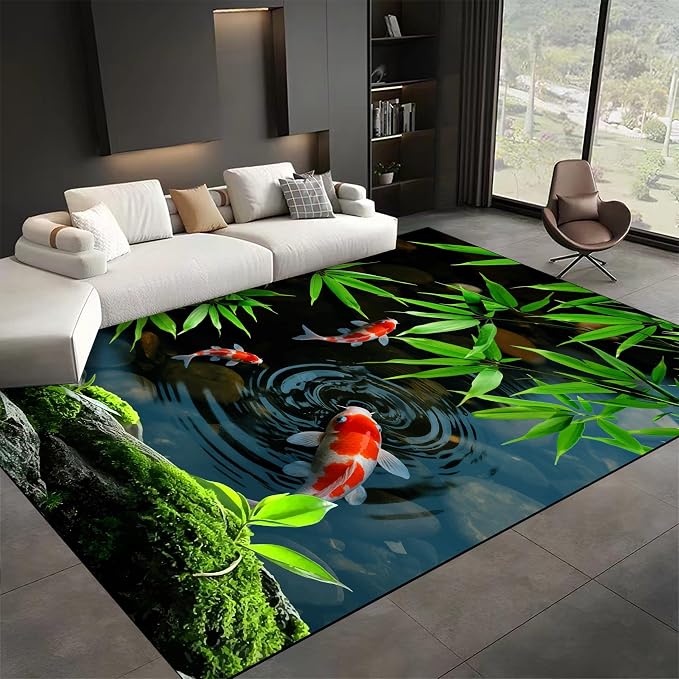 Pond Koi Fish Living Room Rug, Summer Greenery Moss Stream Indoor Decor Carpet by Unknown