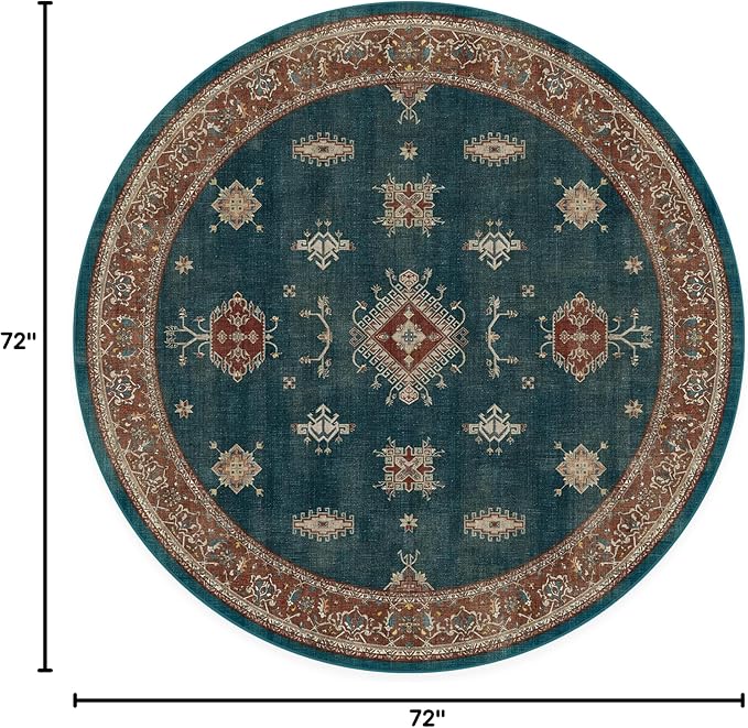 RUGGABLE Washable Vintage Area Rug – Verena Teal Blue 6 ft Round, - Image 2