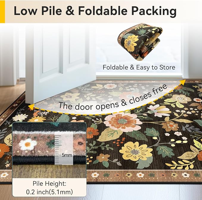 Floral 4x6 Area Rug Machine Washable Soft Print Boho Carpet Non Slip Doormat - Image 3