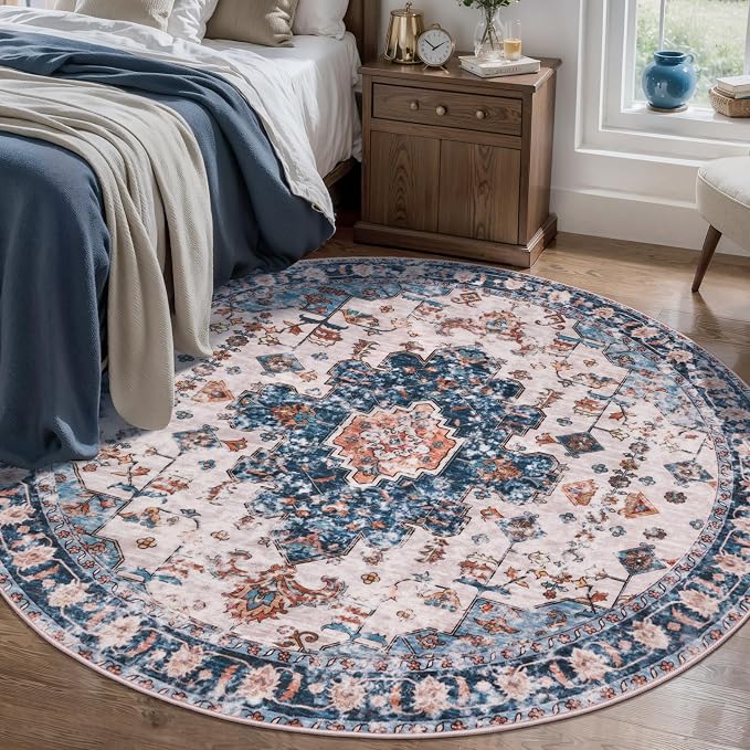 Tangsoo Vintage Round Rug 5ft, Washable Circle Rug, Non Slip Boho Round Area Rug - Image 6