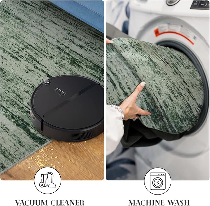 Modern Abstract Hallway Runner Rug, Forest Green Washable Kitchen Runner - Image 5