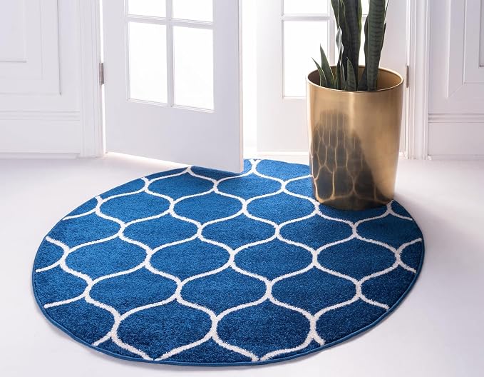 Rugs.com Lattice Frieze Collection Rug – 4' Round Navy Blue Medium Rug Perfect - Image 2