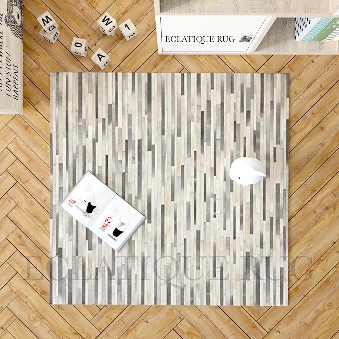 Cowhide Leather Rug for Living Room 8x10, Modern Stripes Style Floor Carpet - Image 2