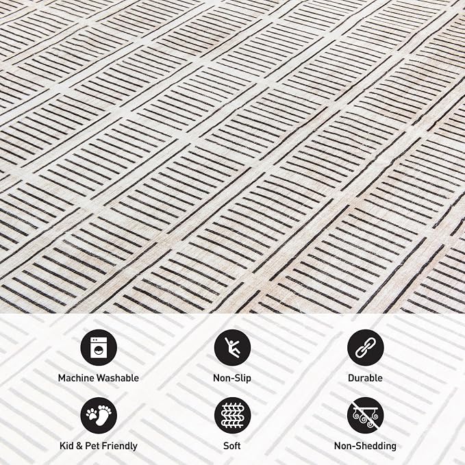 Rugshop Bohemian Stripe Lines Washable Non Slip Area Rug 5' x 7' Ivory - Image 8