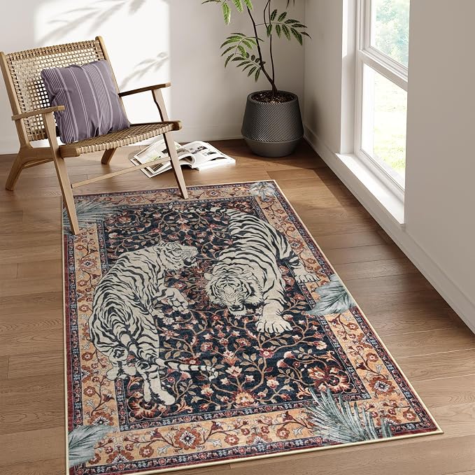 Moynesa Tiger Machine Washable Rug, 3 x 5 Entryway Area Rug Non Slip Vintage - Image 2