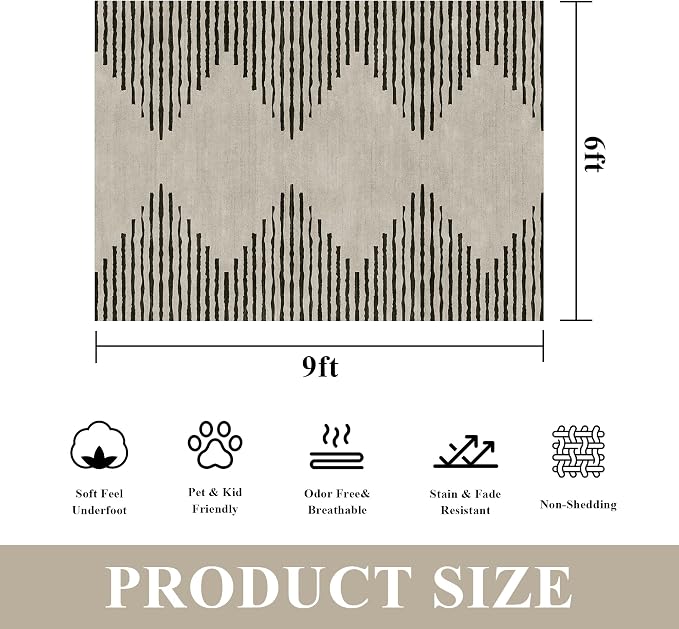 HelloTree Area Rug for Living Room 6x9 Washable Geometric Moroccan Rug Stripe - Image 2