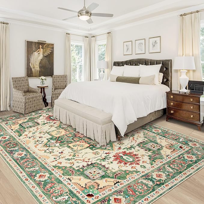 Area Rug 9x12 Washable Rug, Vintage Boho Medallion Rugs Non-Slip Soft Low Pile - Image 2