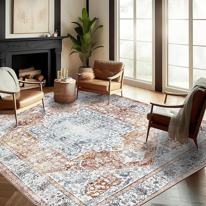 Area Rug 9x12 Washable Tangerine Vintage Traditional Mat Distressed Indoor by CHAMPLANT