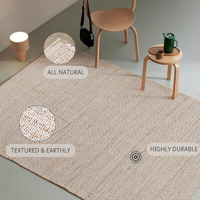 Hand Woven Jute Cotton Area Rug 5'x8' ft Rectangle Natural Farmhouse Rug - Image 9