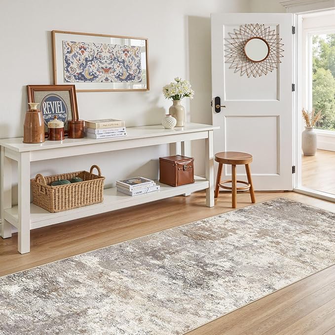 3X8 Washable Runner Rug for Hallway: Soft Neutral Modern Abstract Area Rug - Image 2