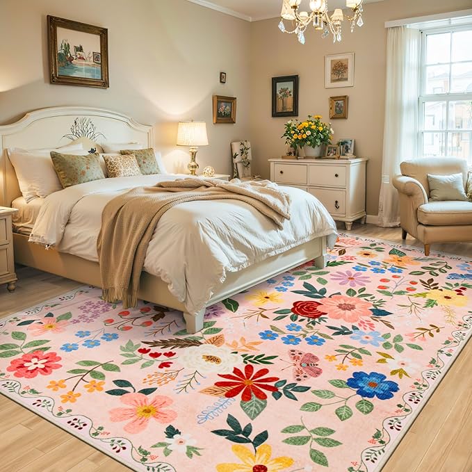 8x10 Area Rugs for Living Room: Floral Washable Rug Vintage Large Soft Boho - Image 3