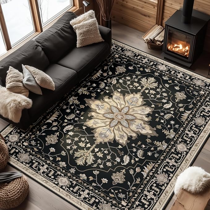 Area Rugs 6'x8' Washable Non-Slip, Floral Vintage Distress Print Pattern by RELEANY
