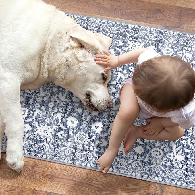 Hallway Runner Rug, Light Blue White Washable Runner Rug 2x8 Vintage Floral - Image 7