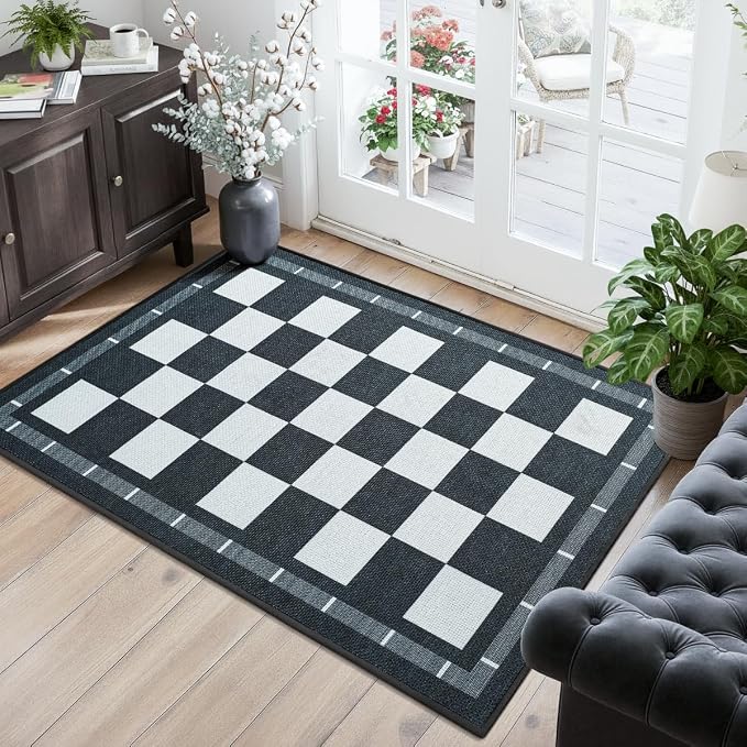 Vasofe Checkered Jute Kitchen Rug, 2x3 Black and White Rugs Indoor Outdoor by VasofeSoftFluffyRugs