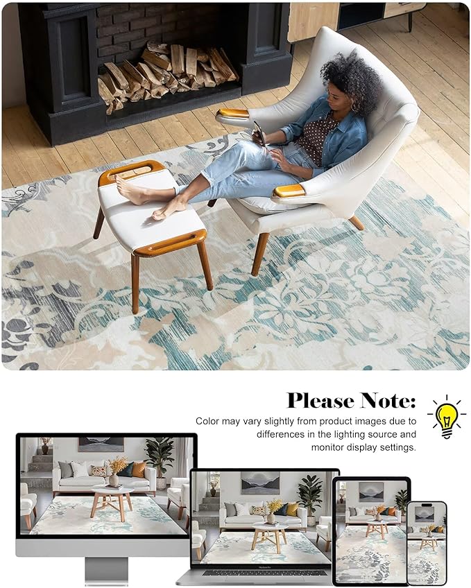 Washable Abstract Rug, 6x9 Ivory and Aqua Floral Area Rugs - Image 6