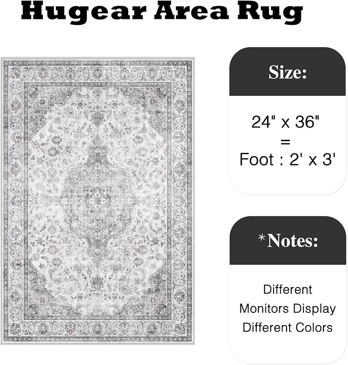 HUGEAR 2x3 Entryway Area Rug Vintage Grey Small Rug Machine Washable Door Mat - Image 2