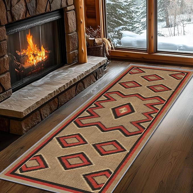 Brown Base Red Black Diamond Runner Rug, 2x7ft Zigzag Pattern Hallway Runner Rug by LGGLOVELIN