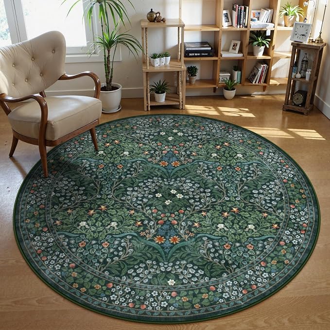 Lahome Floral Washable Round Area Rug, Soft Round Rugs 6ft Ultra-Thin Non-Slip by Lahome