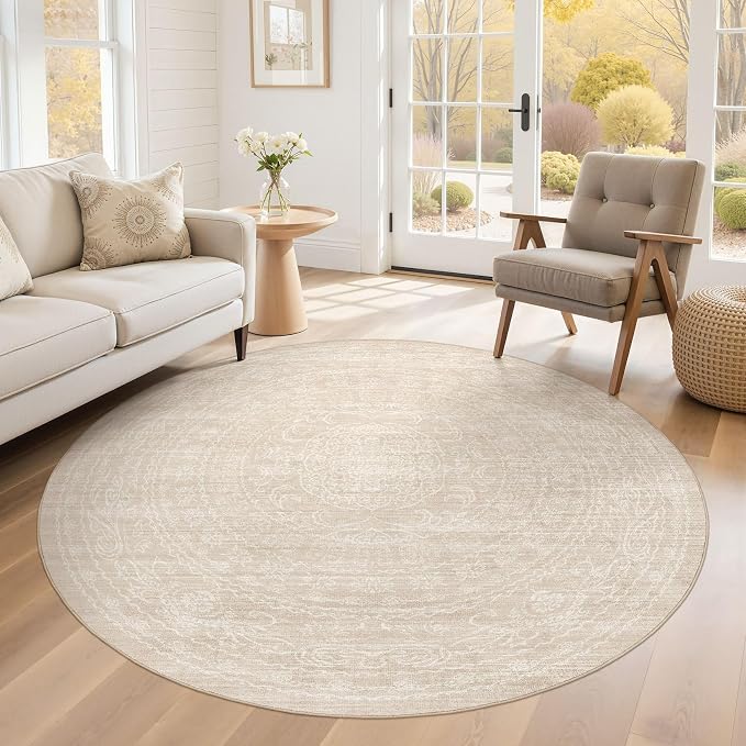 6ft Round Rug Living Room: Washable Large Vintage Neutral Area Rug Non-Slip - Image 5