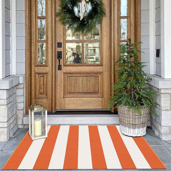 KOZYFLY Striped Rug 27.5x43 Inches Orange and White Halloween Fall Front Door by KOZYFLY