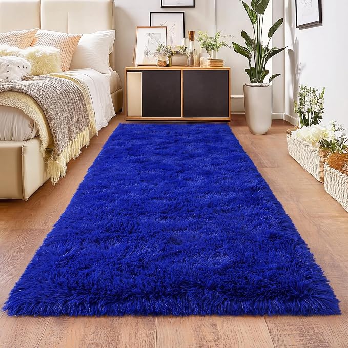 Blue Runner Rug for Hallway, Bedroom Bedside Plush Rugs, Non Slip Fluffy Shaggy by Isdook