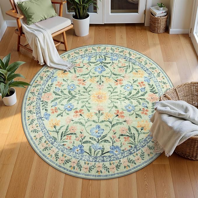 Wonnitar Washable Floral Round Rug, 6ft Sage Green Round Area Rugs - Image 6