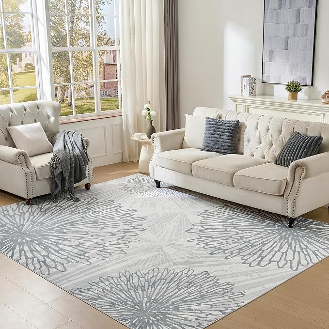 WITSHOCK 7x10 Washable Rug for Living Room, Modern Floral Distress Print by WITSHOCK