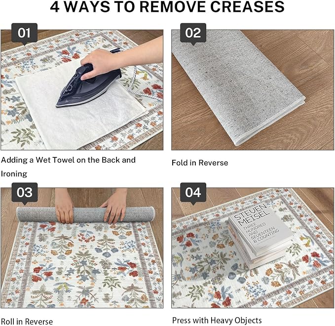 Boho Floral Machine Washable Runner Rug 2x6, Ivory Kitchen Runner Rug Non-Slip - Image 4
