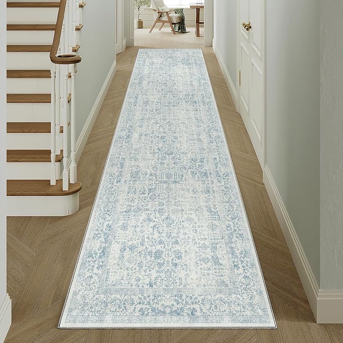 Blue Runner Rug 3x14 Hallway Machine Washable Kitchen Vintage Distressed Non by PureCozy
