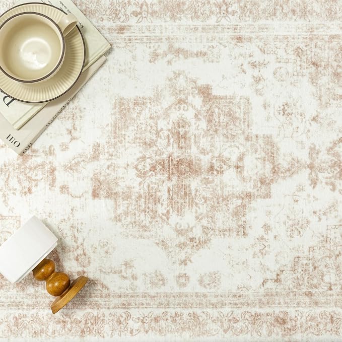 Runner Rug 2x6 Cream Hallway Washable Beige Carpet Non Slip Vintage Medallion - Image 7