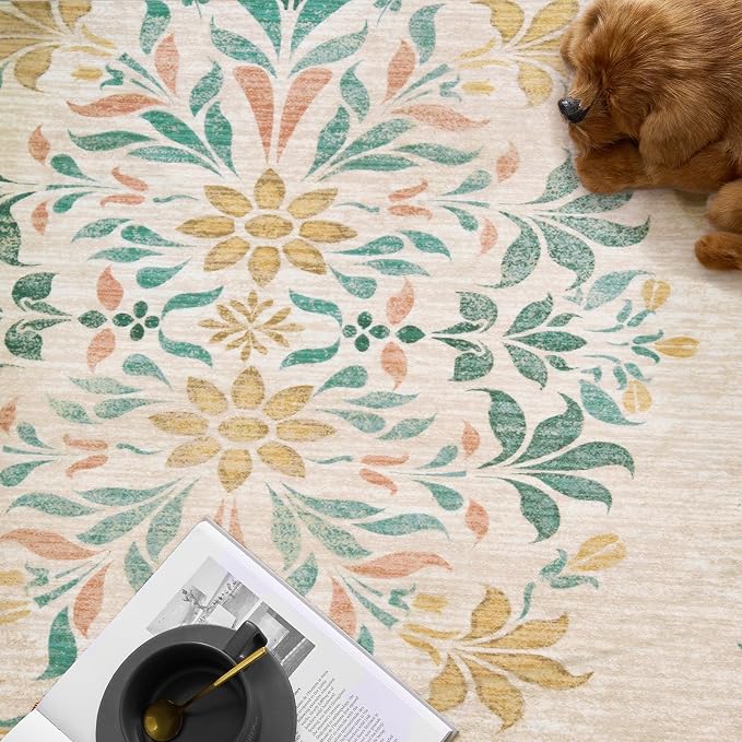 jinchan Round Rug 7ft Area Rug Vintage Floral Distressed Design Machine - Image 6