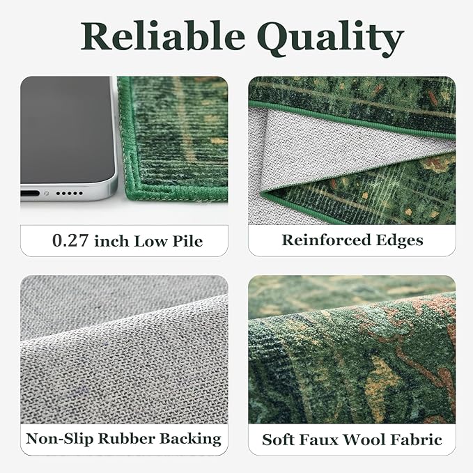 Dark Green 2'6''x8' Kitchen Runner Rug, Retro Distressed Moody Medallion Runners - Image 6