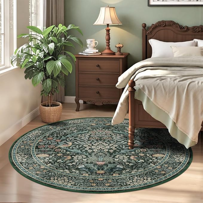4ft Round Area Rugs for Living Room, Washable Floral Circle Rug Non Slip Low - Image 4