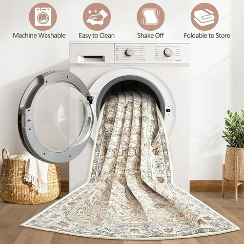 10x12 Area Rug Living Room: Washable Boho Large Neutral Vintage Soft Rugs Stain - Image 2
