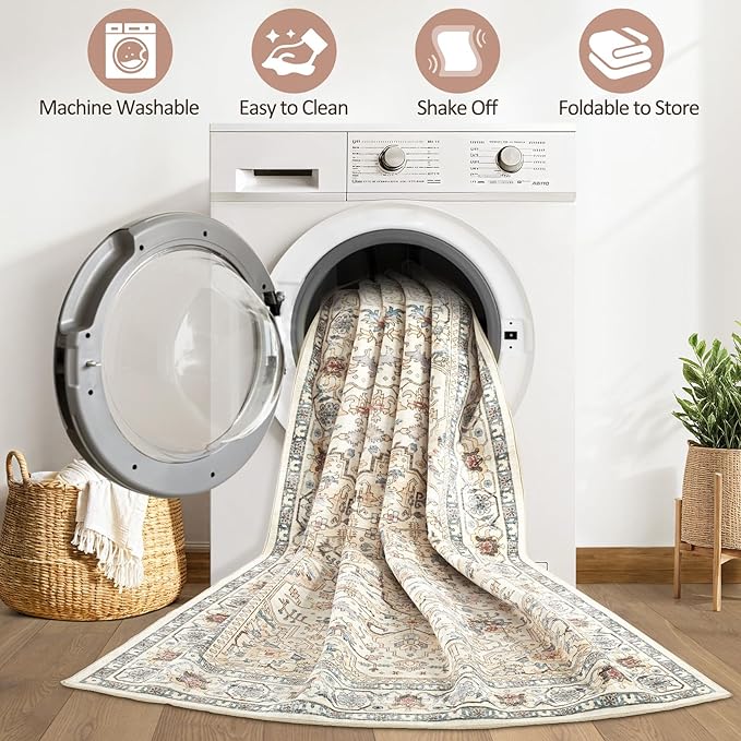 6x8 Area Rug Living Room: Washable Boho Large Neutral Vintage Soft Rugs Stain - Image 2